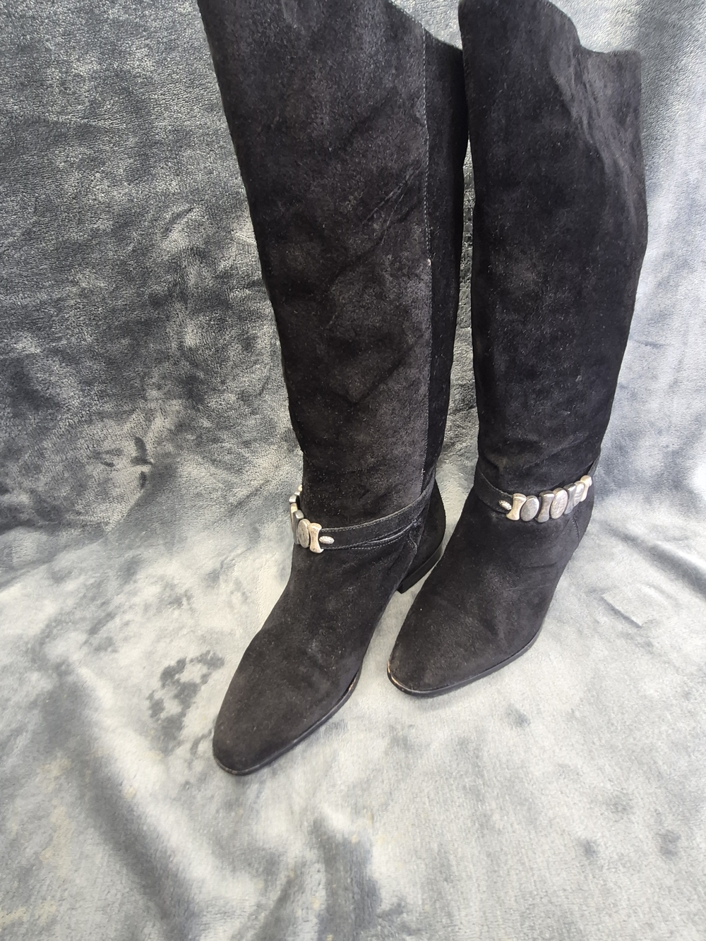 Seychelles Vtg Suede Black Boots Knee Metalic Silver Tone Hardware Sz 8m Brazil
